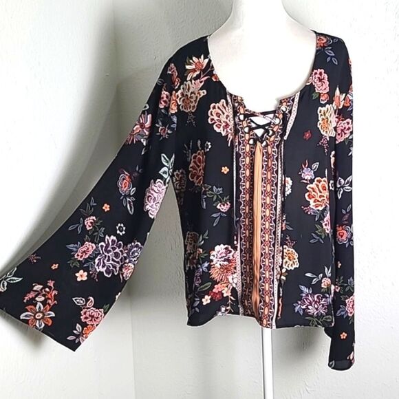 MM by My Michelle Black & Orange Floral Top, Lace-up Neckline, Bell Sleeves, XL - Picture 1 of 9